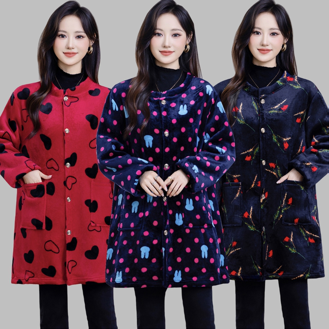 Women's autumn and winter plus velvet anti-stained dirty work clothes loose large size middle-aged and elderly crystal velvet kitchen long-sleeved apron
