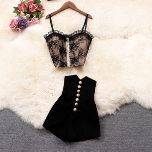
Real shot of 2025 spring clothing new embroidered suspender lace + single-breasted high-waisted fashionable internet celebrity two-piece set for women