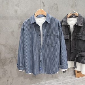 
American retro vertical striped yarn-dyed pocket long-sleeved denim shirt men's casual fashion brand spring and autumn shirt jacket