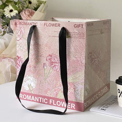 High-End New Bouquet Tote Bag ins Fresh Flower Oil Painting Square Packaging Bag Cake Baking Tote Paper Bag Large