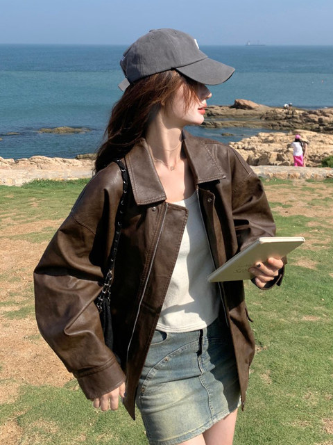 Spring retro Korean coffee color leather jacket outer jacket women's ...