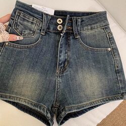 Double-Button Denim Shorts for Women, 2025 Summer New Style, Slimming, Plus Size, Elastic, American Style, Body-Hugging Hot Pants