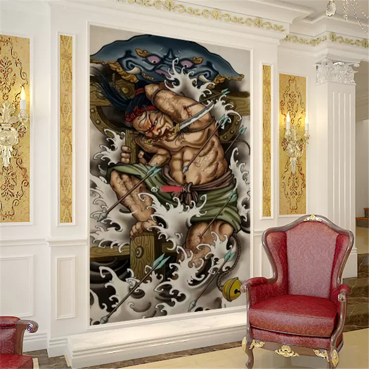 纹身店墙纸日式纹身墙纸浮世绘老传统壁画张顺背景布