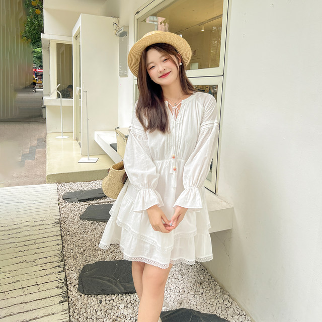 
DM100 large size 100% women's clothing autumn slightly fat mm vacation style small white skirt lace pure cotton dress