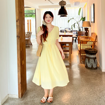 
DM100 large size 100% women's clothing summer fat mm waist-hugging and slim temperament white V-neck umbrella shirt dress