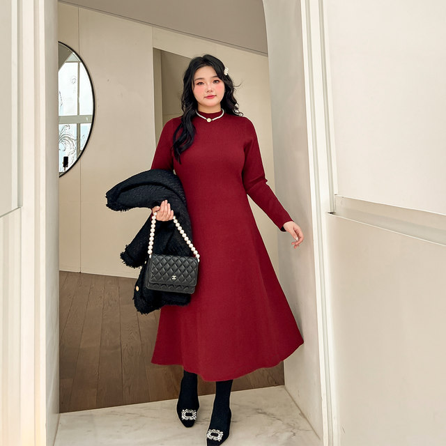 DM100 large size, 100 % slightly fat MM women's winter lazy wind, half -high -neck bottom skirt knitted dress
