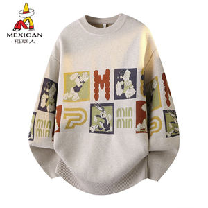 
Scarecrow cartoon style loose sweater for men in autumn and winter round neck loose casual versatile jacquard sweater bottoming shirt