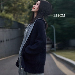 
Tailor-made navy blue loose woolen cardigan mid-length casual versatile knitted jacket for small people 3481