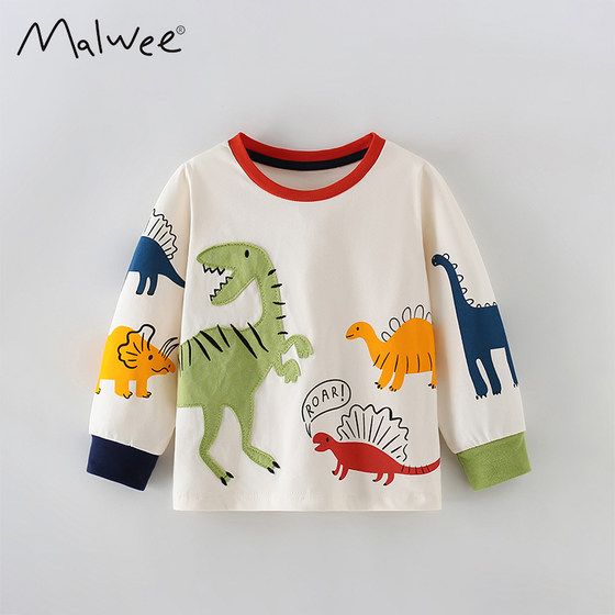 
malwee boys' long-sleeved T-shirt autumn new children's cartoon dinosaur patch little boy's handsome cotton top