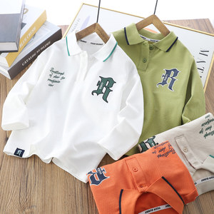 
Pique cotton children's polo shirt, Western-style medium-sized children's lapel long-sleeved T-shirt, spring and autumn children's clothing, boys' casual tops