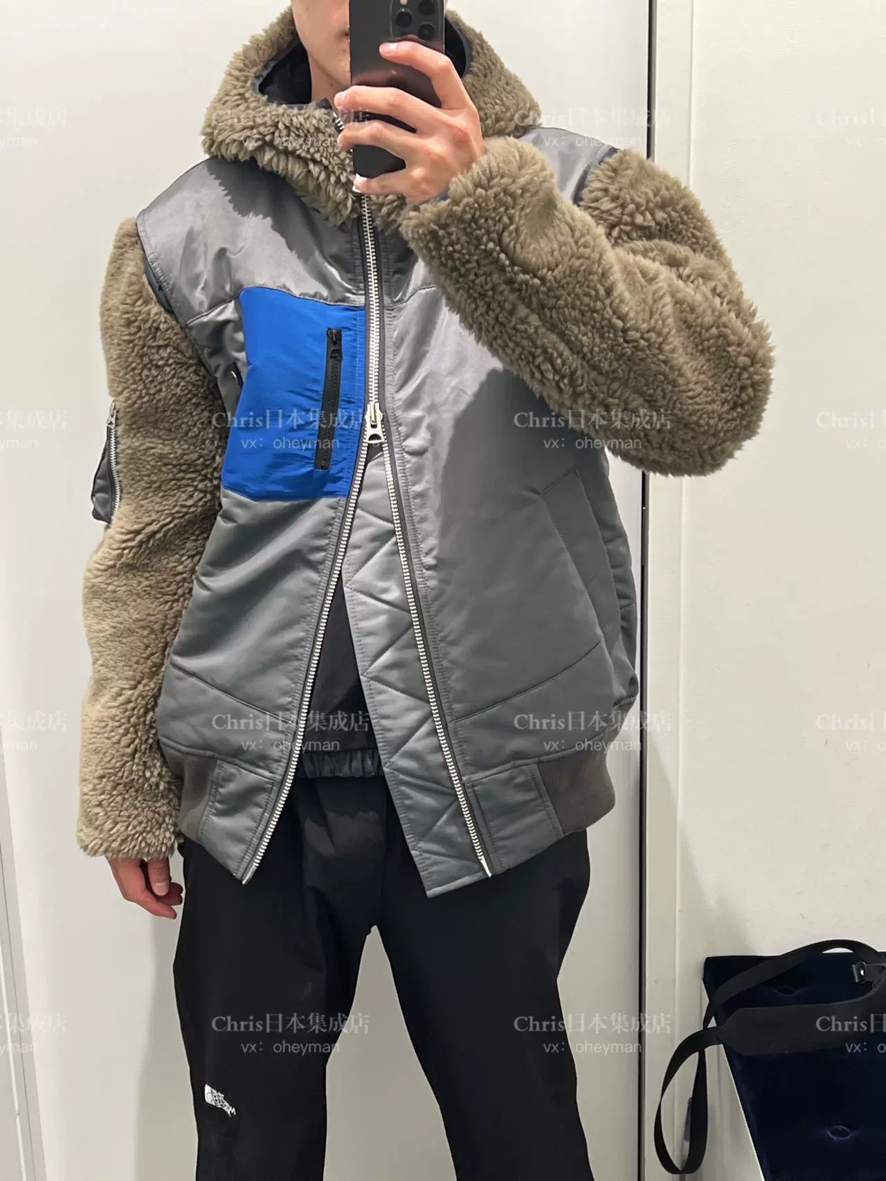 日本买手代购 sacai 23AW 男士 3220 ma-1 拼接 连帽 毛呢 外套-Taobao