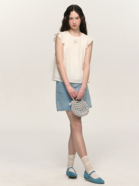chummygirls original retro fresh girl simple embroidered high waist A-line washing denim skirt