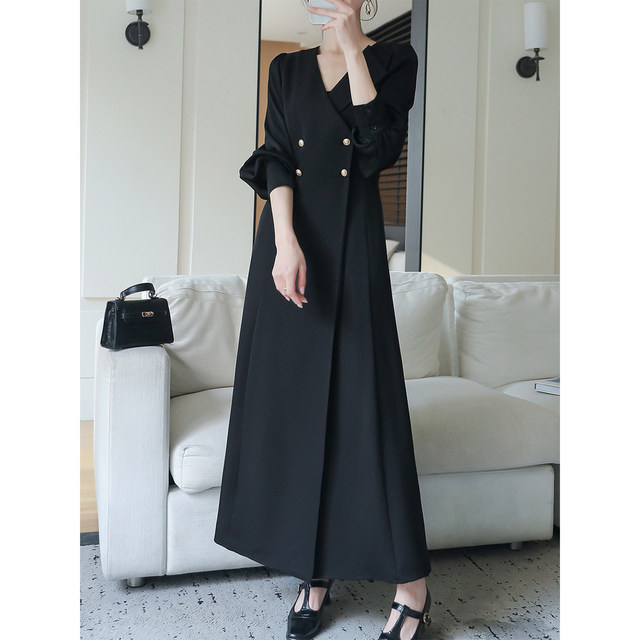 Long-sleeved double-breasted suit collar slim a-line dress for women with fat mm temperament long skirt autumn new plus size women's clothing