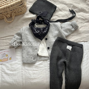 
ins infant Korean style autumn and winter gray dot knitted cardigan for men and women baby casual western style sweater outing jacket