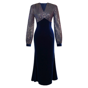 丝绒名媛拼接深V领鱼尾裙长款高腰泡泡袖精致富家千金气质连衣裙