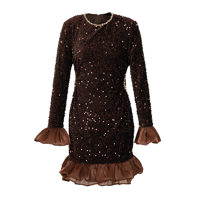 Socialite Velvet Sequin High Waist Fungus Bell Sleeve Dress 2026 Autumn Women's Fit Round Neck A-Line Skirt