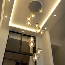 Staircase Chandelier for Duplexes, Grand and Luxurious Nordic Villa, Open Living Room, Minimalist Loft Glass Lampshade Chandelier