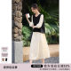 
XWI Xinwei elegant round neck fake two-piece contrasting color splicing dress for women in autumn design slim lady skirt