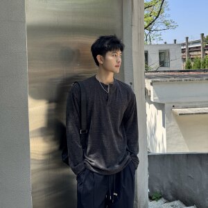 Feixingji texture pleated Henry collar long-sleeved T-shirt men's loose old money style sweater bottoming shirt autumn top