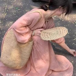 Pink Cotton and Linen Dress 2026 Early Autumn New Women's Clothing Unique and Delicate Lantern Sleeve Shirt Dress Women's Slimming Long Dress