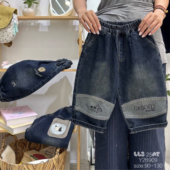 Spring and Autumn Jeans Men's Pants Versatile Korean Style Spliced ​​Type A Trousers Washed Denim Cartoon Outer Wear Pants Trendy