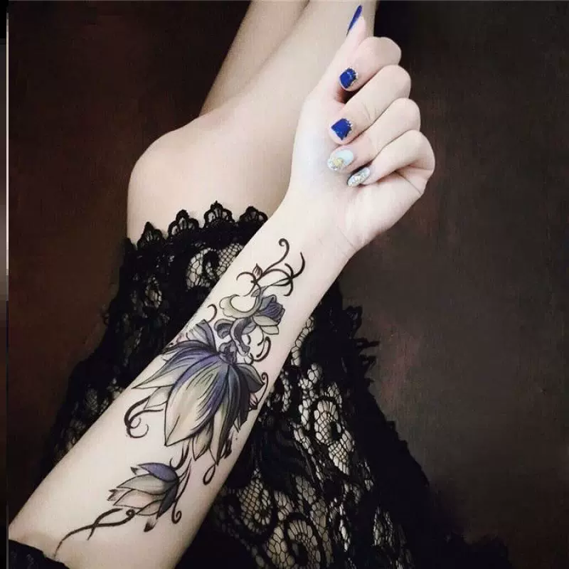 半永久荷花臂纹身贴女蕾丝鬼侍美人鱼彼岸花朵防水学生手臂3 半永久荷花臂纹身贴女蕾丝鬼侍美人鱼彼岸花朵防水学生手臂3