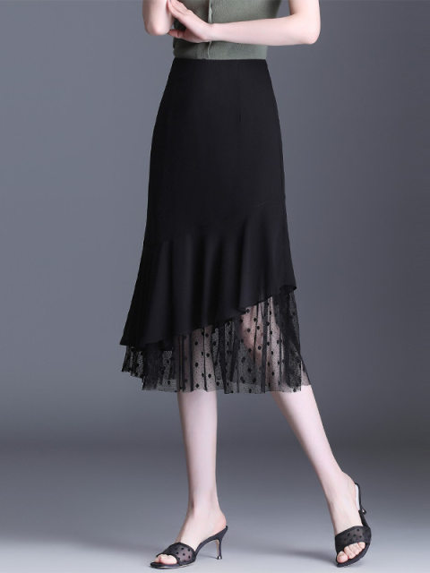 Temperament hip-covered skirt slim chiffon fishtail skirt for women summer skirt mid-length mesh spliced ​​lace one-step skirt