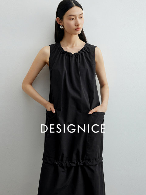 DiSenis 2025 summer new commuter temperament elegant round neck long skirt black sleeveless A-line dress
