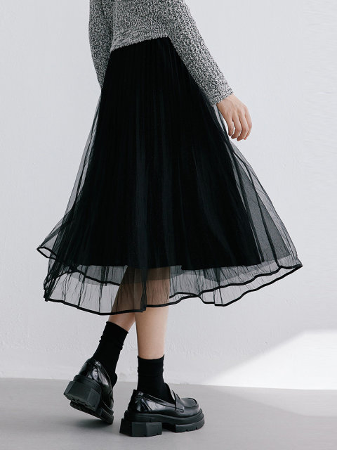 Disenis 2025 spring new style commuter high waist gauze skirt simple black skirt women