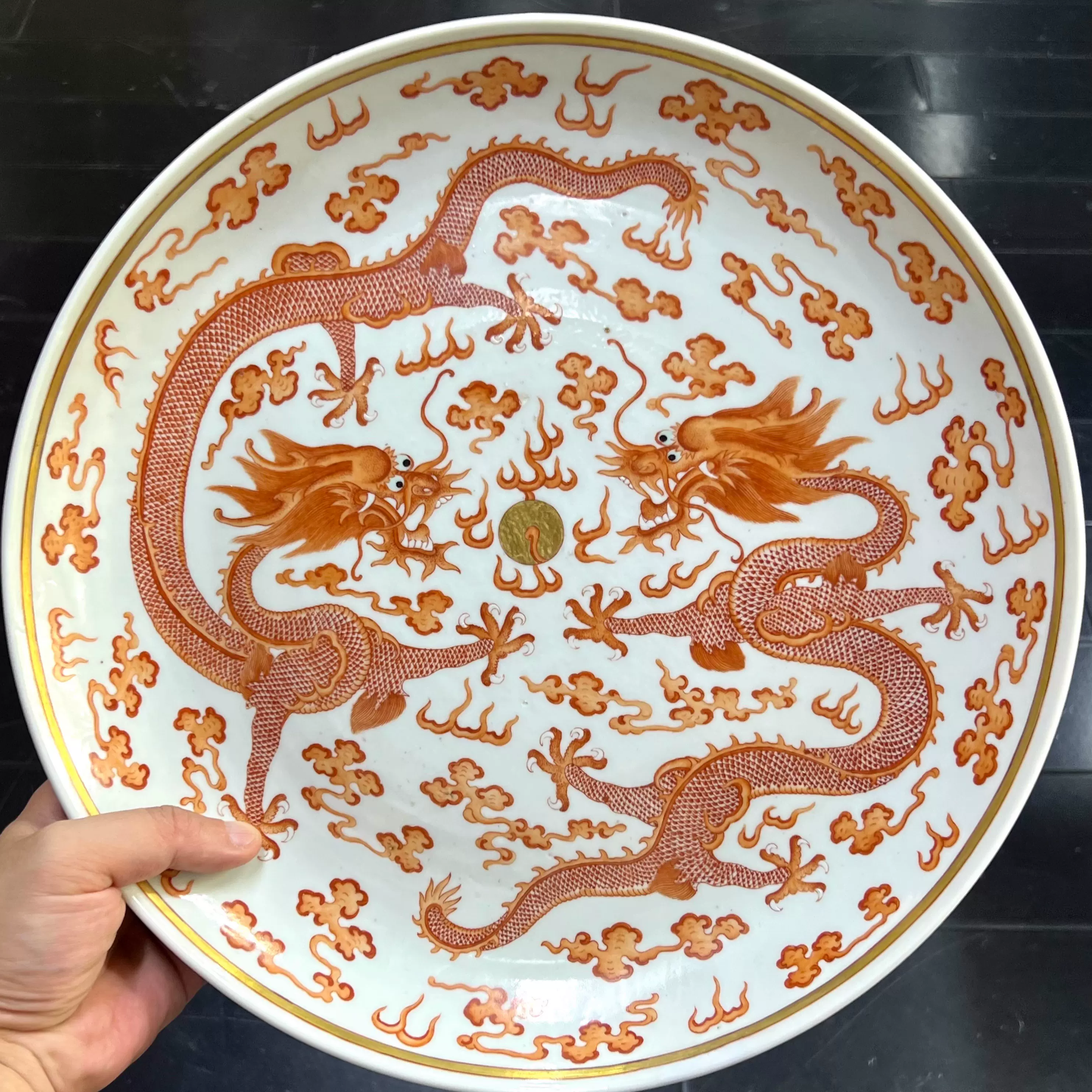 清嘉庆精品粉彩描金花卉纹吉祥如意福寿盘一对古董古玩古瓷器