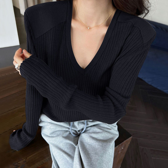 
V-neck top women's high-end 2025 new Korean style loose lazy style inner shoulder wool thin bottoming shirt