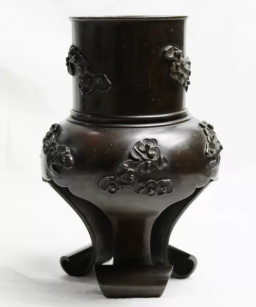 明治时代古铜造《高肉浮雕祥雲纹铜花瓶》日本花道具，雅物置物-Taobao