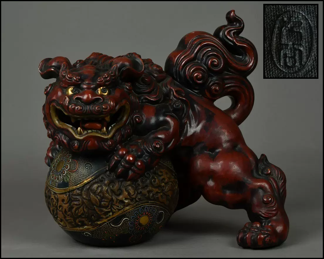 昭和时代九谷烧瓷器《金彩釉描金色绘狮子置物，九谷烧狮子摆件》-Taobao