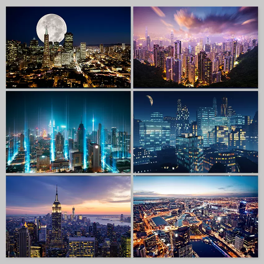 繁華都市城市夜景燈光壁紙裝飾畫圖片素材