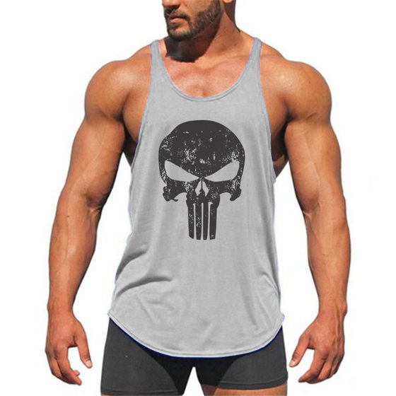 Punishmenter men's fitness vest body bodybuilding fine shoulder strap skull printing pure cotton strap muscles absorb sweat and breathable