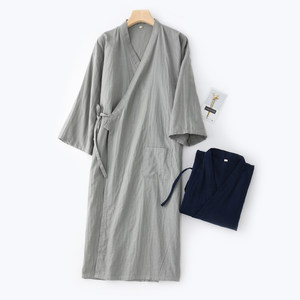 Bathrobe, men's pure cotton yarn, spring/summer, thin style, quarter sleeves, Japanese home color, solid color, sweat steamed pajama, youth cardigan and pajama skirt