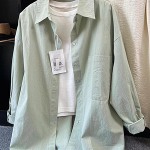 
Korean chic chic bean green pure cotton shirt with loose lapel to cover the flesh and look slim long-sleeved sun protection shirt and thin jacket