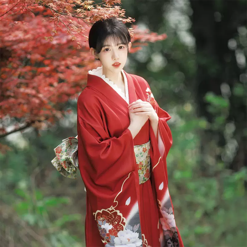 山鳥和色日式和服復古華麗小振袖改良和服攝影旅拍寫真紅色牡丹-Taobao