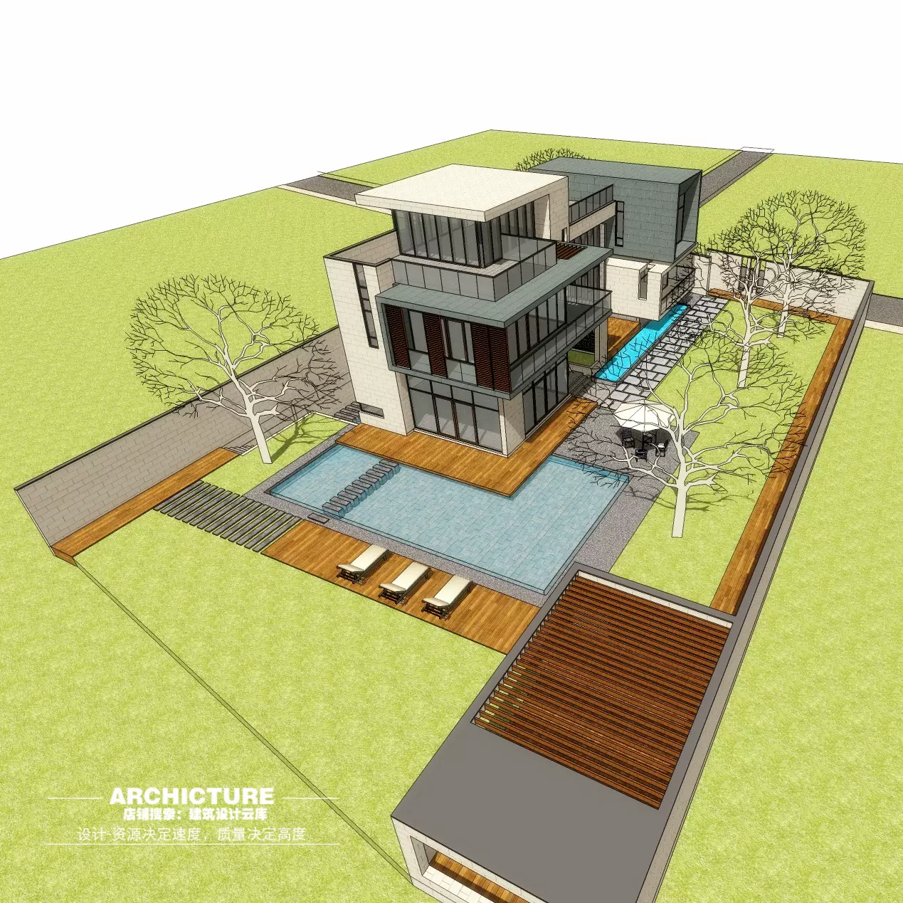 Su草图大师北欧简易方块组合独栋2层别墅住宅花园泳池建筑