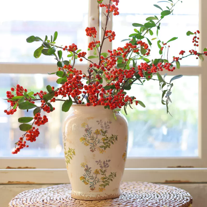 唐三彩花瓶复古森林花束家居软装饰冰裂釉做旧青花陶瓷真花组合-Taobao 
