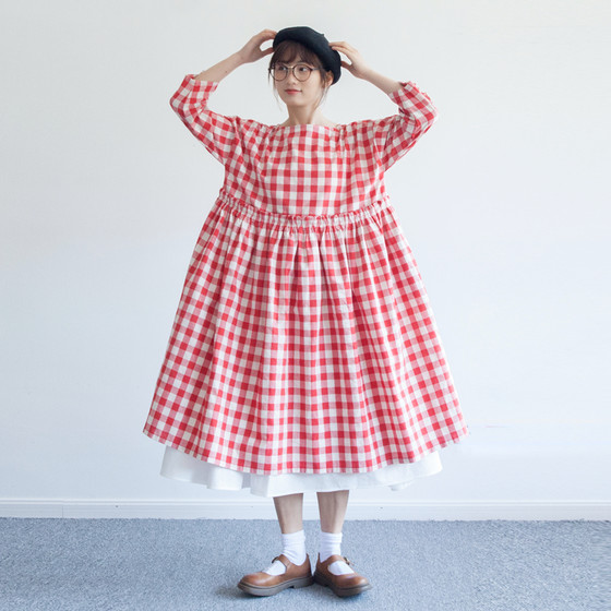 Hewu and original design Japanese retro cotton and linen high -waisted dress spring and autumn plaid lace nine -point sleeve