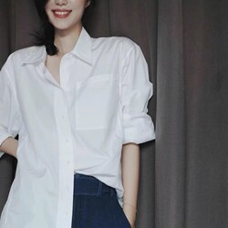 Pure Cotton Spring and Autumn New White Shirt for Women, Minimalist Style with a High-End Feel, Pure White Shirt, Casual and Lazy Boyfriend Style with Elegance