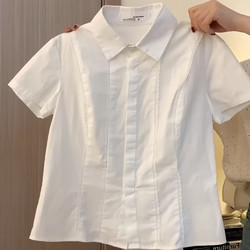 100% Cotton French Lace Polo Collar Sweet Short-Sleeved White Shirt for Women Summer Preppy Style Lace White Shirt Top