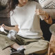 Maden American casual white ice silk T-shirt big round neck inner wear solid color front shoulder short sleeve top cotton base shirt for women