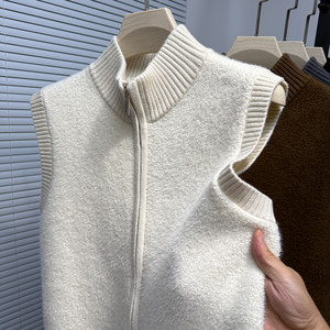 
High-end rolled velvet sweater vest men's vest stand collar sleeveless waistcoat knitted cardigan jacket spring and autumn casual