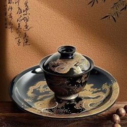 Jingdezhen Ceramic Black Glaze Gold Dragon Pattern Gaiwan Teapot Holder Master Cup Kung Fu Tea Set for Home Use, Gift Giving, and Present Giving