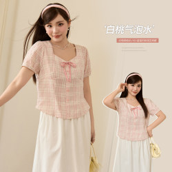 Xiaobojia 2025 Summer Fat M French Sweet Contrast Color Plaid Bow Tie Square Neck Top