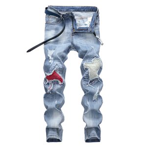 
Spring and summer men's trousers, ripped jeans, personalized beggar's trousers, trendy, handsome, patched, small-legged trousers, light-colored stretch cowboy trousers
