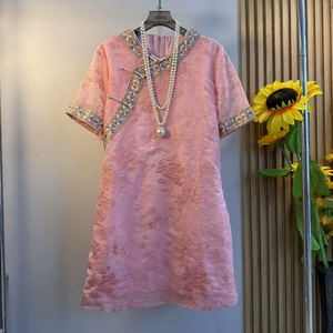 
Plus-size women's oblique plate buckle flower-edged short-sleeved cheongsam dress for fat girls French summer style new Chinese style dress