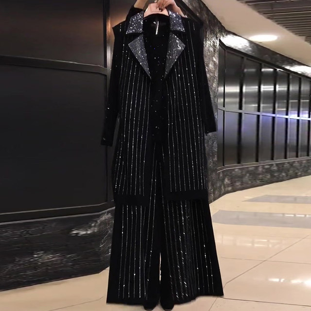 Plus size women's clothing autumn new mid-length belly-covering vest wide-leg pants fat girl heavy industry bright diamond three-piece set